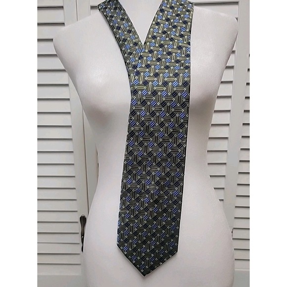 Renzo Men's 100% Silk Handmade Necktie Geometric Blue Navy Green EUC - Picture 3 of 8